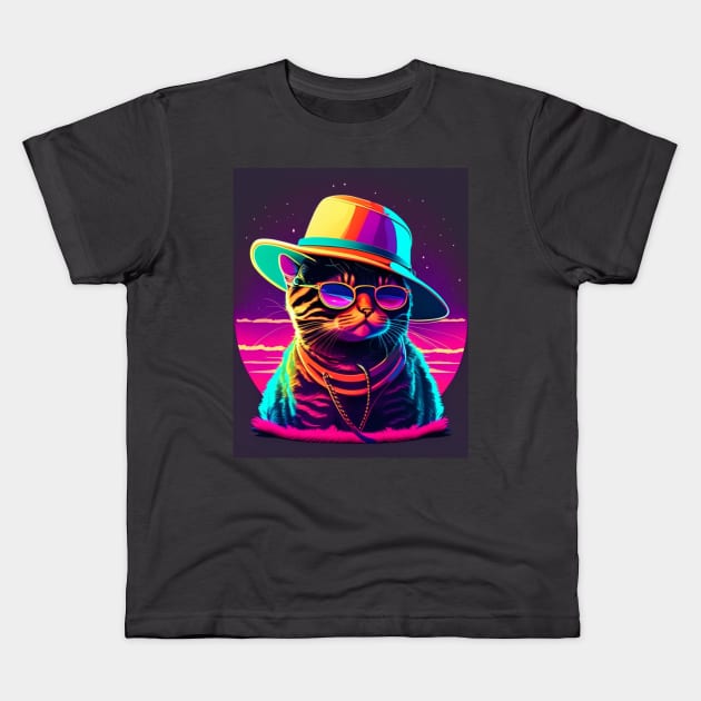 Funky Cat wearing a bucket hat Kids T-Shirt by DropStop